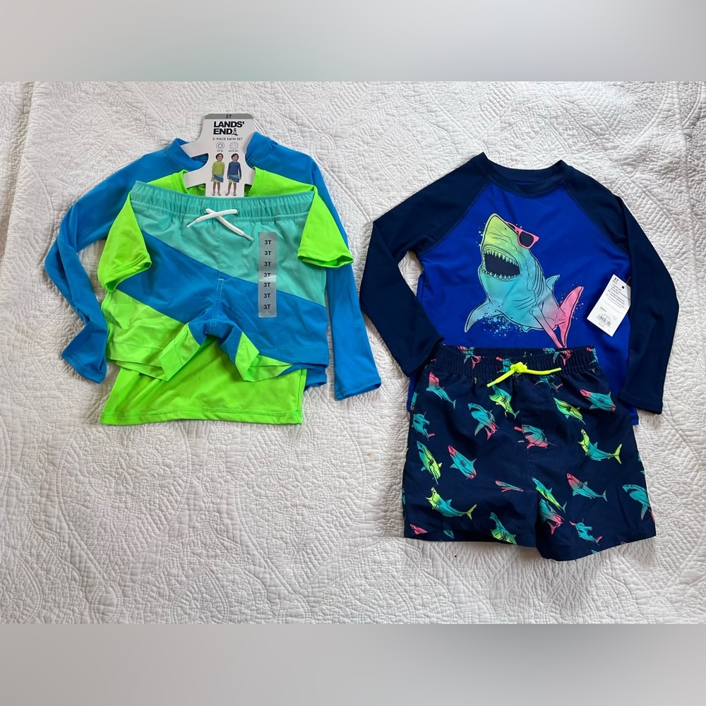 Boys 3T Swimwear Lot Lands End Jumping Beans Rash Guards Swim Trunks UPF NWT